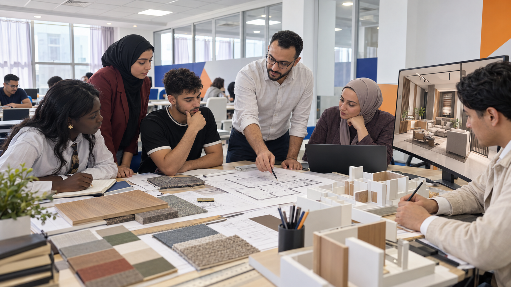 Atelier d’architecture d’intérieur autour de plans, de matériaux et d’une maquette