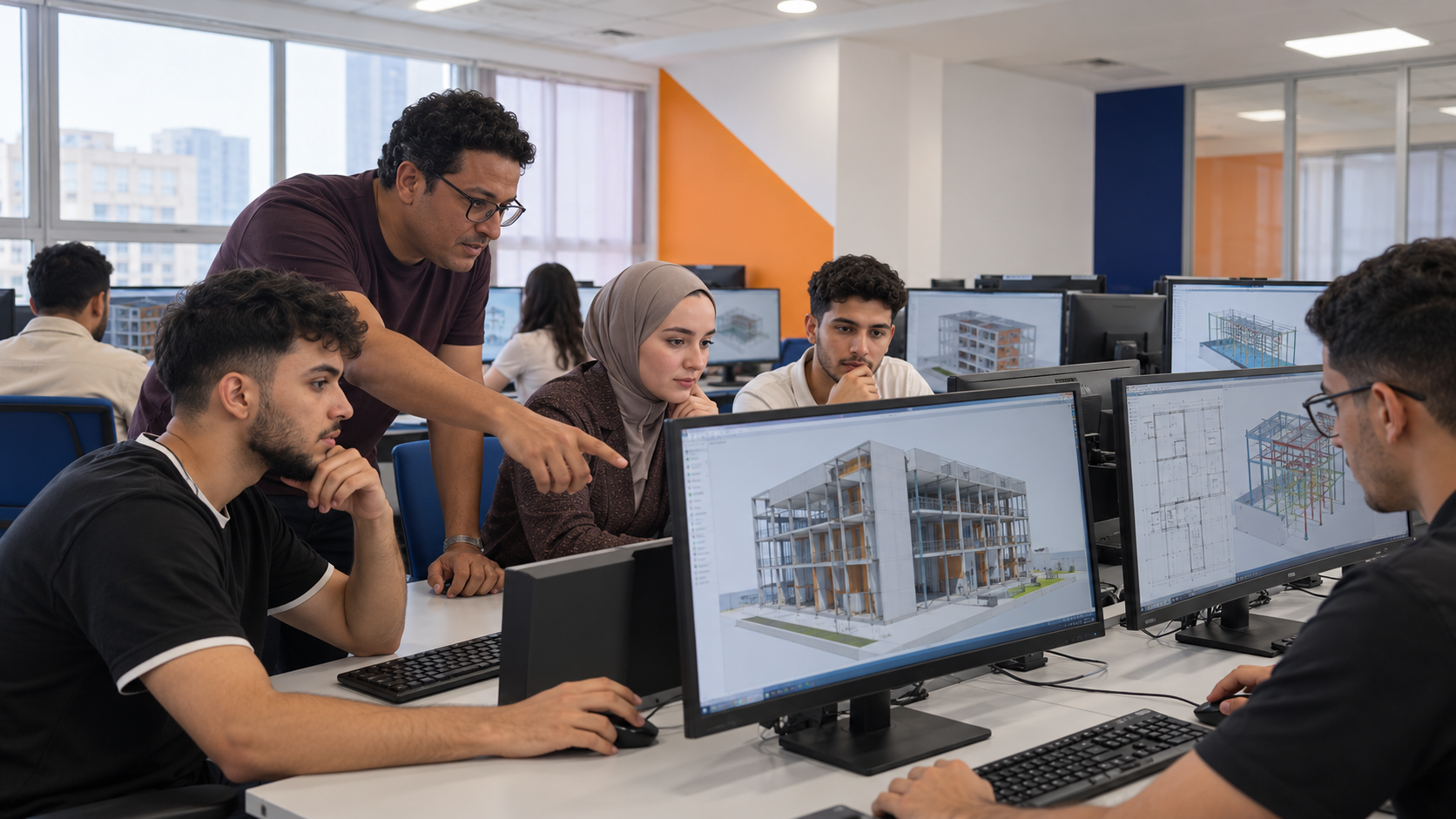 Étudiants et formateur travaillant sur des maquettes numériques de structures en génie civil