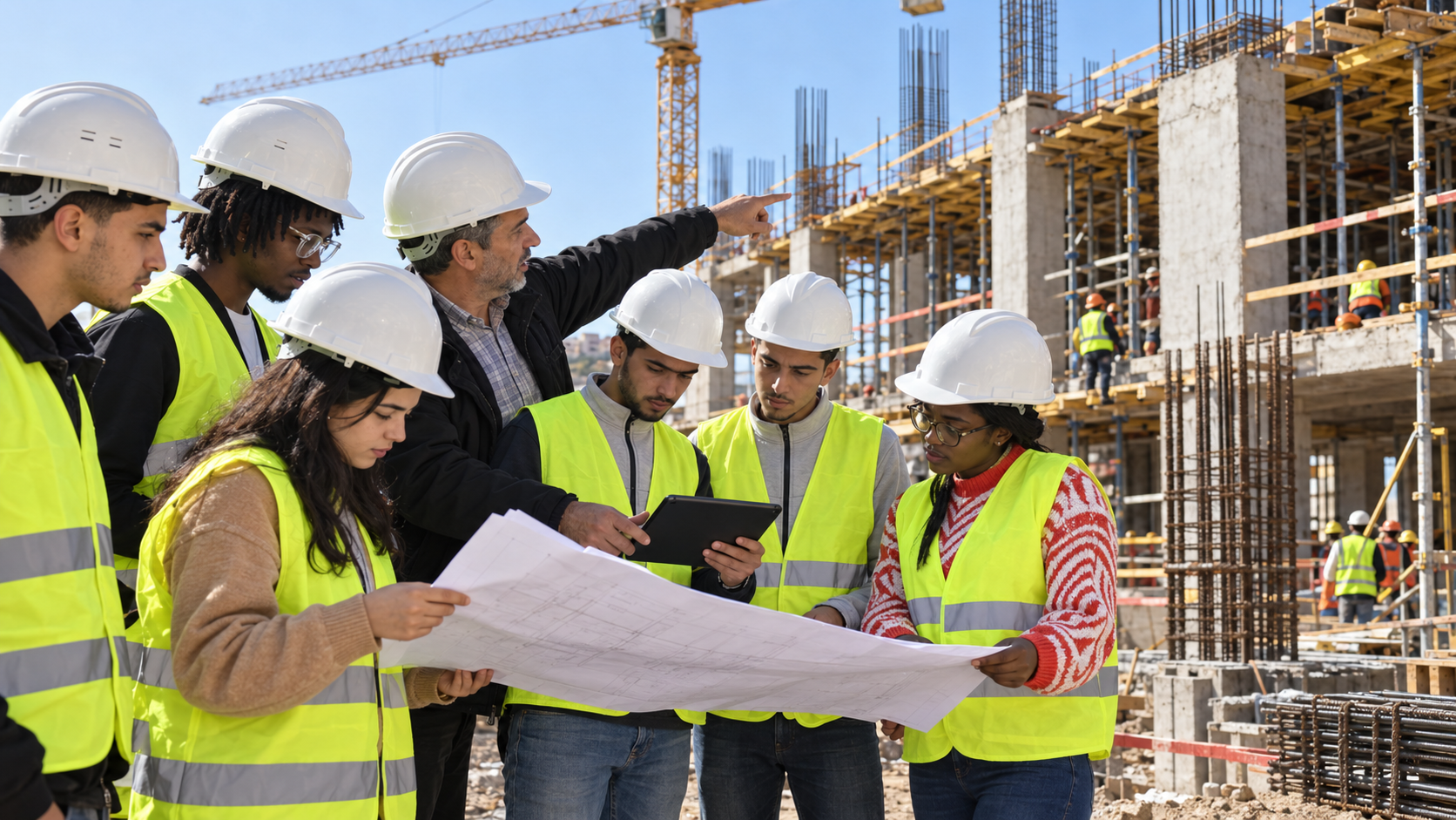 Groupe en formation sur un chantier étudiant des plans avec un encadrant